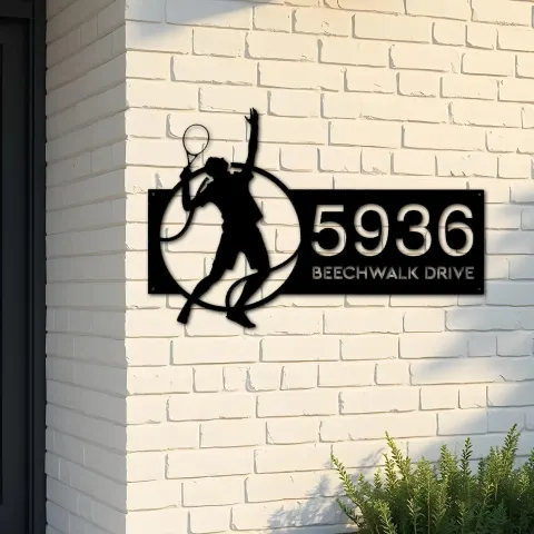 Custom Metal Tennis player Metal Address Sign, House number, Outdoor Number Signage, Yard Sign Address Plate