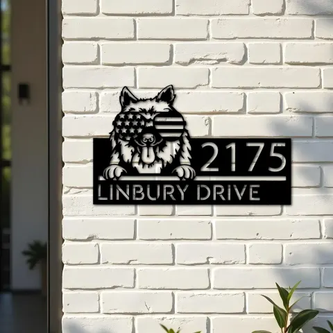 Vue alternative de Custom Metal Keeshond dog US flag glasses Metal Address Sign House number Hanging Address Plaque Yard Sign Outdoor decor