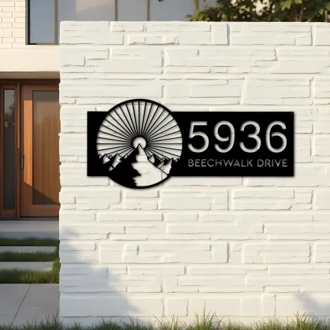 Vue alternative de Custom Metal Mountain scene Metal Address Sign, House number, Outdoor Number Signage, Yard Sign Address Plate001