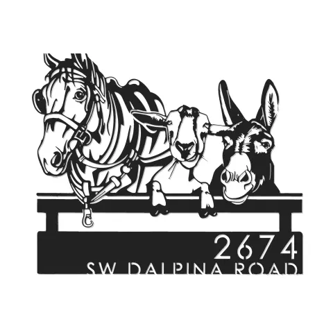 Vue alternative de Custom Metal Horse Mule Goat farmhouse farm animals Metal Address Sign, House number, Outdoor Number Signage, Yard Sign Address Plate