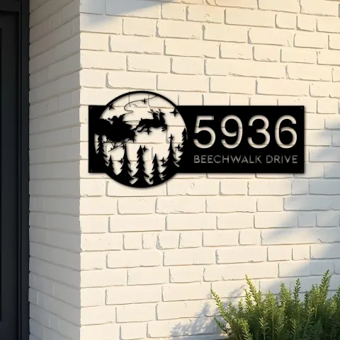 Custom Metal Santa Claus flying on sleigh Christmas Metal Address Sign, House number, Outdoor Number Signage, Yard Sign Address Plate