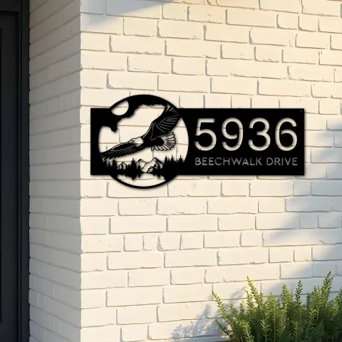 Custom Metal Eagle flying mountain forest scene Metal Address Sign, House number, Outdoor Number Signage, Yard Sign Address Plate
