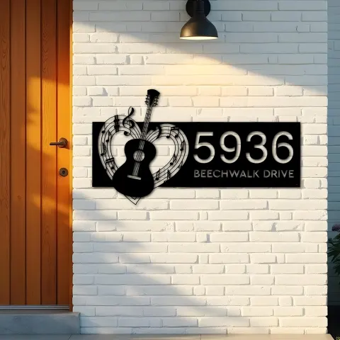 Vue alternative de Custom Metal Love Guitar music notes Guitarist Metal Address Sign, House number, Outdoor Number Signage, Yard Sign Address Plate