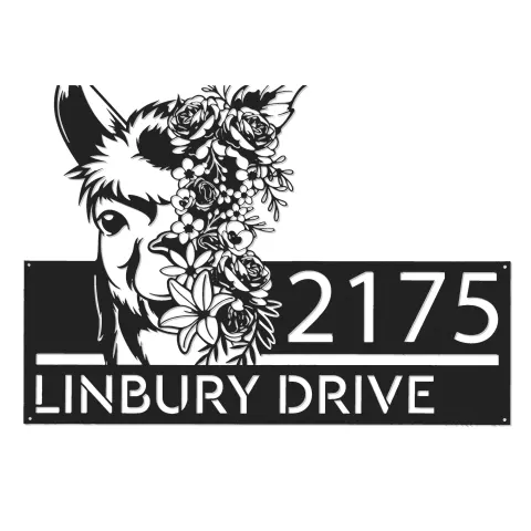 Vue alternative de Custom Metal Floral Llama animal Metal Address Sign, House number, Outdoor Number Signage, Yard Sign Address Plate