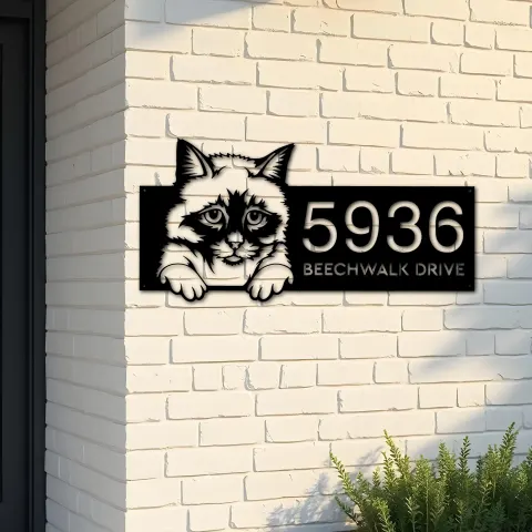 Custom Metal Birman Cute peeking cat kitten Metal Address Sign, House number, Outdoor Number Signage, Yard Sign Address Plate