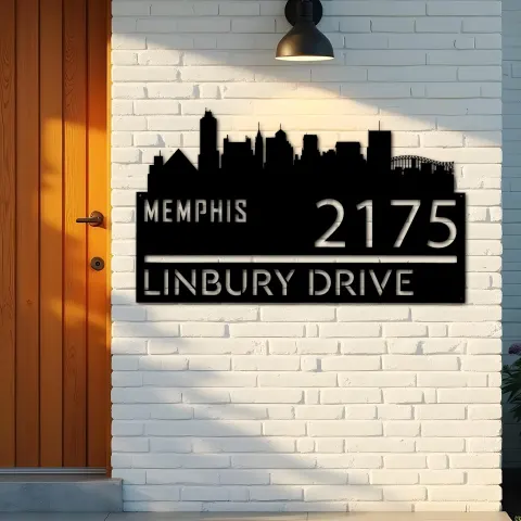 Vue alternative de Custom Metal Memphis city skyline Metal Address Sign Hanging Address Plaque house number Yard Outdoor Sign