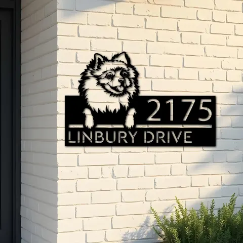 Custom Metal Pomeranian dog Puppy Metal Address Sign House number Hanging Address Plaque Yard Sign Outdoor decor