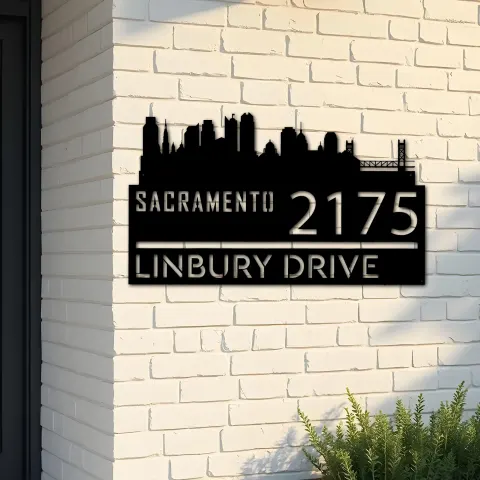 Custom Metal Sacramento city skyline Metal Address Sign Hanging Address Plaque house number Yard Outdoor Sign