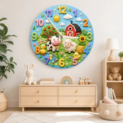 Bauernhof Tiere Wanduhr für Kinderzimmer | Rote Scheune Dekoration, Süßes Geschenk zur Babyparty für Jungen und Mädchen (34,5 cm) alternative Ansicht