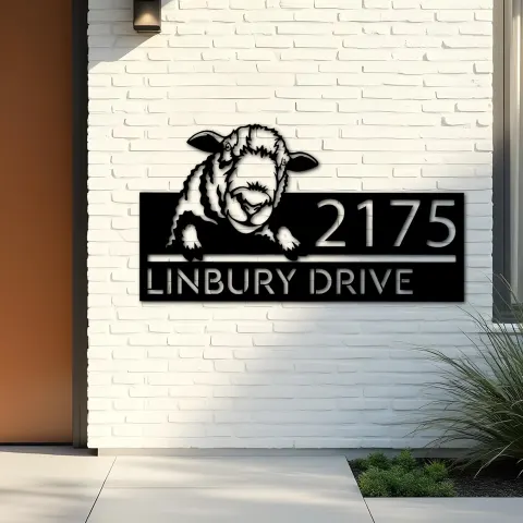Vista alternativa de Custom Metal Peeking Sheep farm animal ranch Metal Address Sign, House number, Outdoor Number Signage, Yard Sign Address Plate