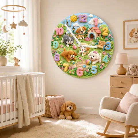 Niedliche Welpen im Park Wanduhr für Kinderzimmer | Pastell Hundethema Dekoration, Geschenk zur Babyparty oder Geburtstag für Kinder (34,5 cm) alternative Ansicht