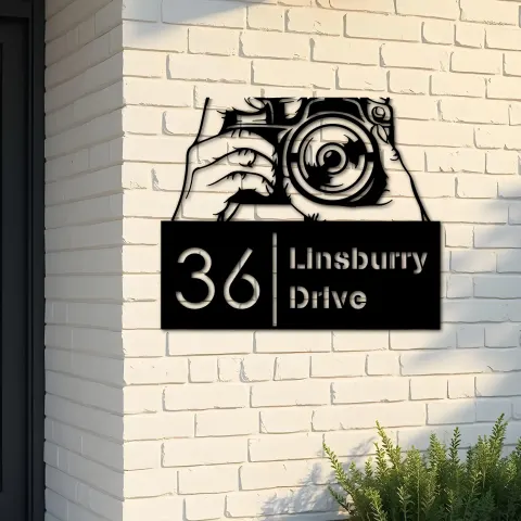 Custom Metal Hands holding camera photography Metal Address Sign, House number, Outdoor Number Signage, Yard Sign Address Plate