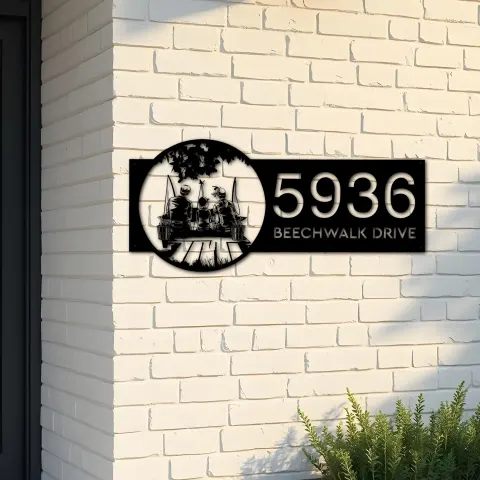 Custom Metal Mom Dad and son go fishing Metal Address Sign Custom House number Hanging Address Plaque Yard Sign Outdoor