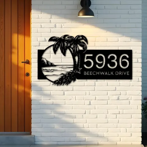 Vue alternative de Custom Metal Island Beach Scene Palm Tree Metal Address Sign, House number, Outdoor Number Signage, Yard Sign Address Plate