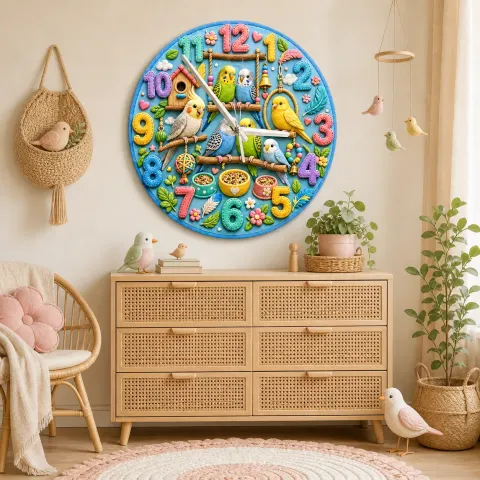 Verspielte Haustier-Vögel und Sittiche Wanduhr für Kinderzimmer | Bunte Vogelhaus-Kinderzimmer Dekoration, Geschenk zum Geburtstag (34,5 cm) alternative Ansicht
