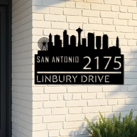Custom Metal San Antonio city skyline Metal Address Sign Hanging Address Plaque house number Yard Outdoor Sign