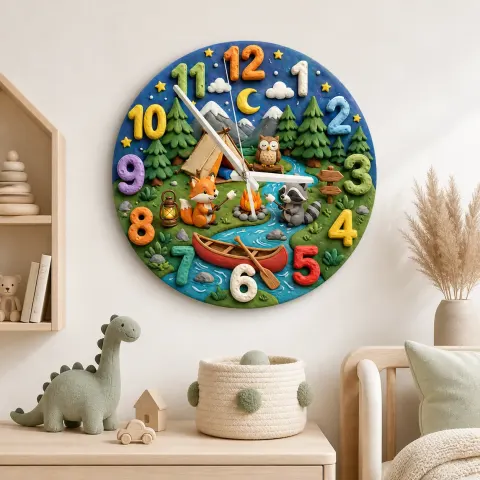 Wald-Camping Abenteuer Wanduhr für Kinderzimmer | Waldtier Dekoration, Geschenk zur Babyparty oder Geburtstag für Jungen (34,5 cm) alternative Ansicht