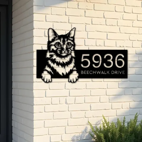 Custom Metal Somali Cute peeking cat kitten Metal Address Sign, House number, Outdoor Number Signage, Yard Sign Address Plate