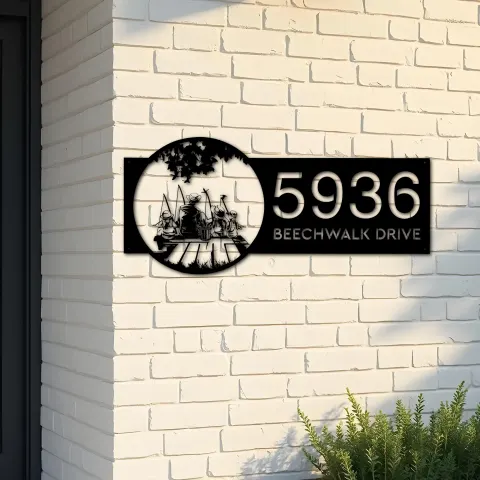 Custom Metal Dad and children go fishing Metal Address Sign Custom House number Hanging Address Plaque Yard Sign Outdoor