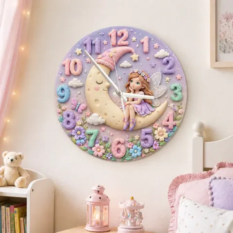 Magische Fee auf dem Mond Wanduhr für Kinderzimmer | Pastellblumen Dekor für das Kinderzimmer, Verspieltes Geschenk für Mädchen (34,5 cm)