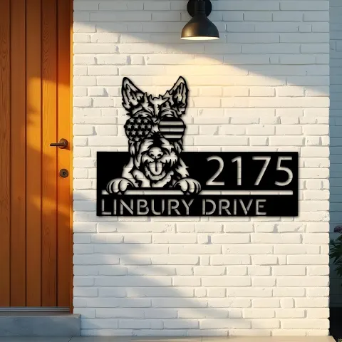 Vista alternativa de Custom Metal Scottish Terrier US flag glasses Metal Address Sign House number Hanging Address Plaque Yard Sign Outdoor decor