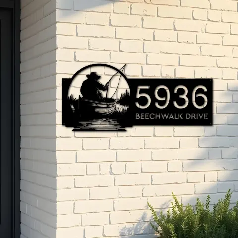 Custom Metal Fisherman in boat fishing Metal Address Sign, House number, Outdoor Number Signage, Yard Sign Address Plate