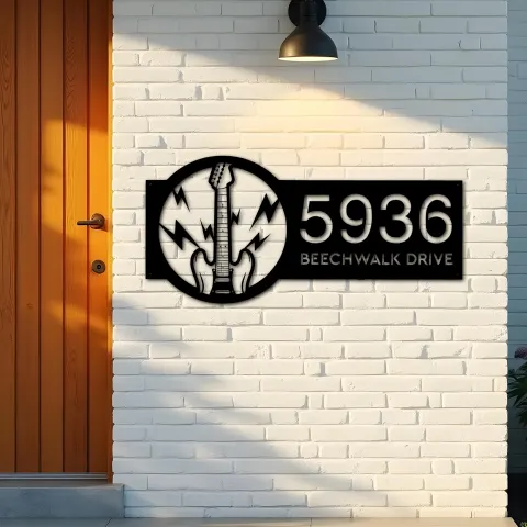 Vue alternative de Custom Metal Electric guitar Metal Address Sign Custom House number Hanging Address Plaque Yard Sign Outdoor