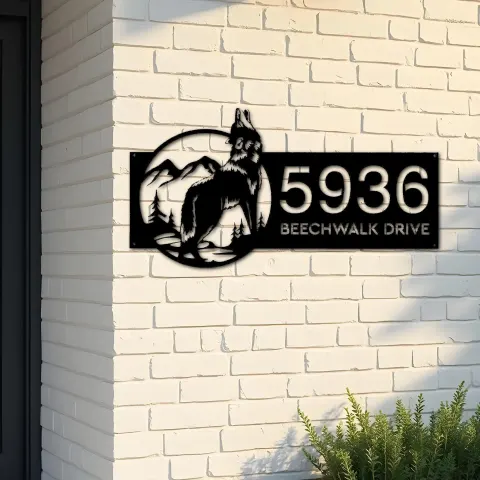 Custom Metal Wolf Mountain scene wild life Metal Address Sign, House number, Outdoor Number Signage, Yard Sign Address Plate