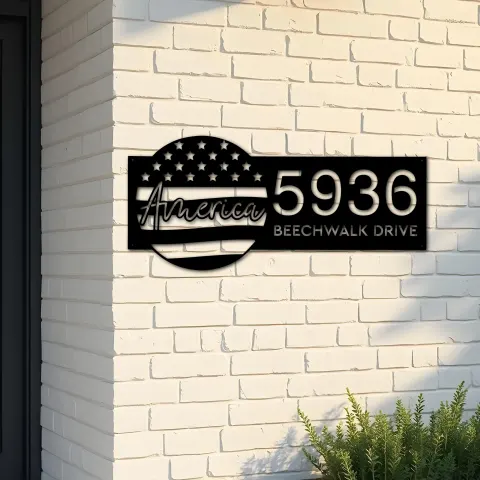 Custom Metal America US flag 4th of July Metal Address Sign House number Hanging Address Plaque Yard Sign Outdoor decor