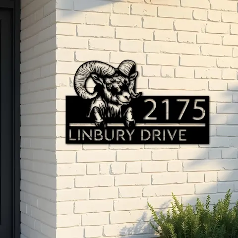 Custom Metal Peeking Ram farm animal ranch Metal Address Sign, House number, Outdoor Number Signage, Yard Sign Address Plate