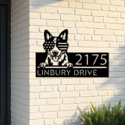 Custom Metal Blue heeler dog US flag glasses Metal Address Sign House number Hanging Address Plaque Yard Sign Outdoor decor