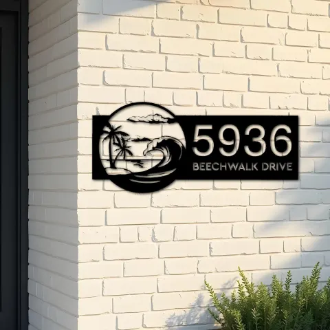 Custom Metal Waves palm tree Metal Address Sign, House number, Outdoor Number Signage, Yard Sign Address Plate