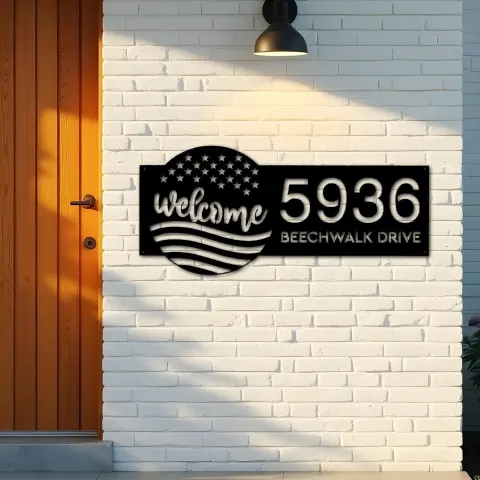 Vista alternativa de Custom Metal Welcome US flag 4th of July Metal Address Sign House number Hanging Address Plaque Yard Sign Outdoor decor