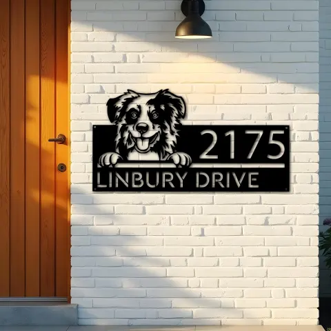 Vista alternativa de Custom Metal Australian Shepherd dog cute puppy Metal Address Sign House number Hanging Address Plaque Yard Sign Outdoor decor