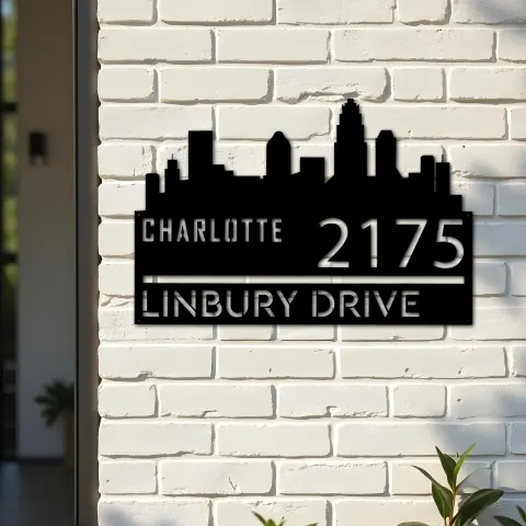 Vista alternativa de Custom Metal Charlotte city skyline Metal Address Sign Hanging Address Plaque house number Yard Outdoor Sign