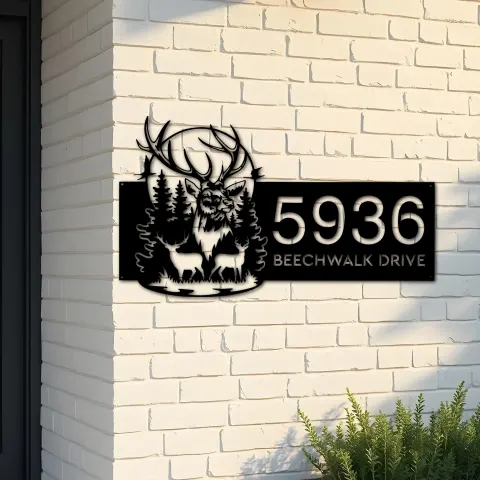 Custom Metal Deer buck forest scene Metal Address Sign, House number, Outdoor Number Signage, Yard Sign Address Plate