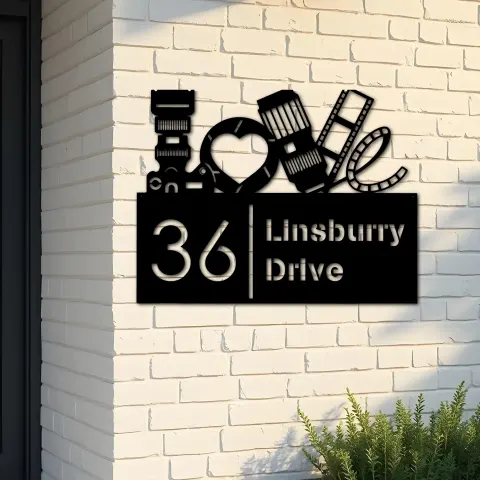 Custom Metal Love Photography Camera Photographer Metal Address Sign, House number, Outdoor Number Signage, Yard Sign Address Plate