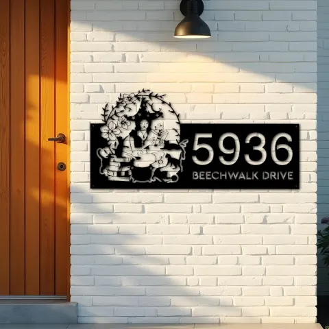 Vista alternativa de Custom Metal Witch and black cat halloween Metal Address Sign, House number, Outdoor Number Signage, Yard Sign Address Plate