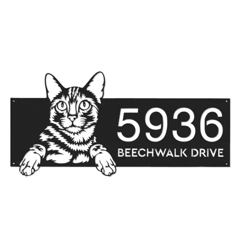 Vista alternativa de Custom Metal Bengal Cute peeking cat kitten Metal Address Sign, House number, Outdoor Number Signage, Yard Sign Address Plate