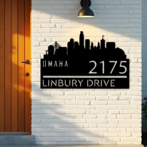 Vue alternative de Custom Metal Omaha city skyline Metal Address Sign Hanging Address Plaque house number Yard Outdoor Sign