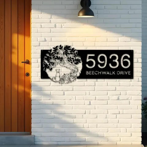 Vista alternativa de Custom Metal Tree of life with dog Metal Address Sign, House number, Outdoor Number Signage, Yard Sign Address Plate