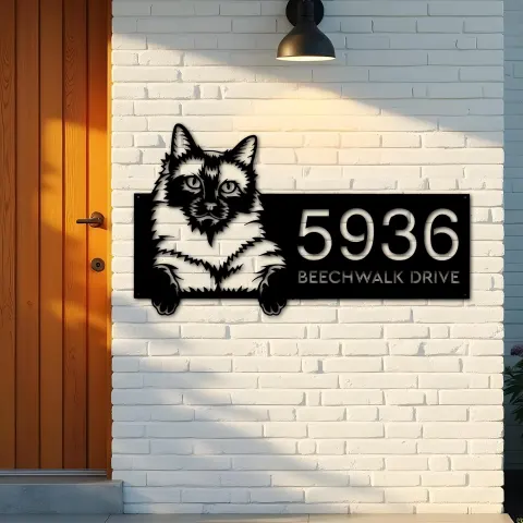 Vista alternativa de Custom Metal Siamese Cute peeking cat kitten Metal Address Sign, House number, Outdoor Number Signage, Yard Sign Address Plate