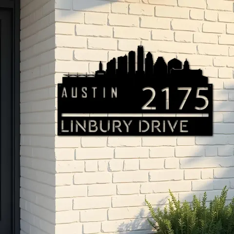 Custom Metal Austin city skyline Metal Address Sign Hanging Address Plaque house number Yard Outdoor Sign