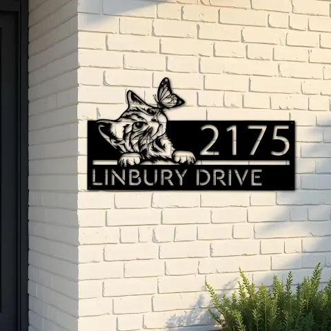 Custom Metal Cat Curious Kitten with butterfly Metal Address Sign, House number, Outdoor Number Signage, Yard Sign Address Plate