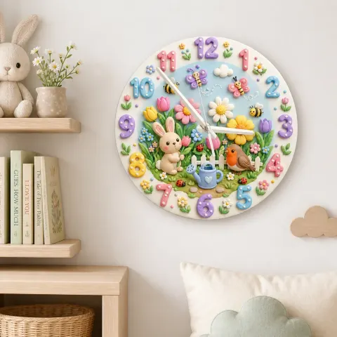 Wanduhr mit Hase und Vogel für Kinderzimmer | Pastellfarbene Blumen-Dekoration für die Wald-Nursery, süßes Geschenk zur Babyparty (34,5 cm) alternative Ansicht
