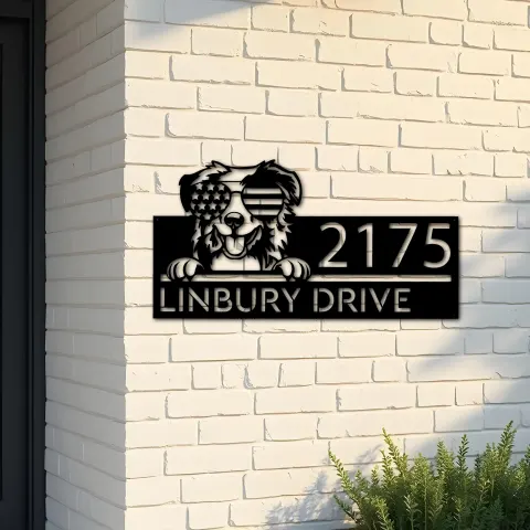 Custom Metal Australian Shepherd dog US glasses Metal Address Sign House number Hanging Address Plaque Yard Sign Outdoor decor