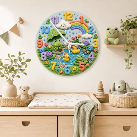 Frühling Frosch & Ente Teich Kinderzimmer Wanduhr | Regenbogen Babyzimmer Wanddekor, Geschenkideen für Jungen und Mädchen (34,5 cm) alternative Ansicht