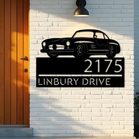 Vista alternativa de Custom Metal Classic car Metal Address Sign Custom House number Hanging Address Plaque Yard Sign Outdoor
