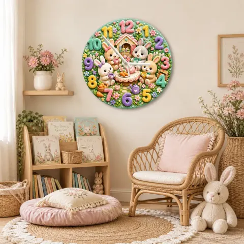 Kaninchen Teeparty Garten Wanduhr für Kinderzimmer | Pastell Waldtier-Nursery Dekoration, Andenken-Geschenk zur Babyparty für Mädchen (34,5 cm) alternative Ansicht