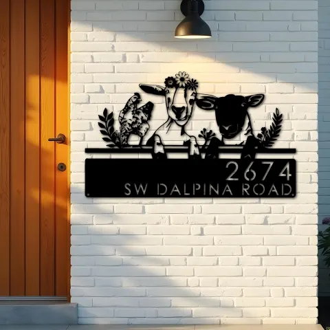 Vue alternative de Custom Metal Goat sheep chicken farmhouse farm animals Metal Address Sign, House number, Outdoor Number Signage, Yard Sign Address Plate